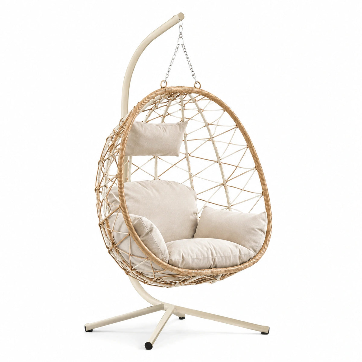 Boho-Hängesessel mit Polyrattan-Geflecht, Metallgestell und Kissen, Beige, 100 × 100 × 195 cm