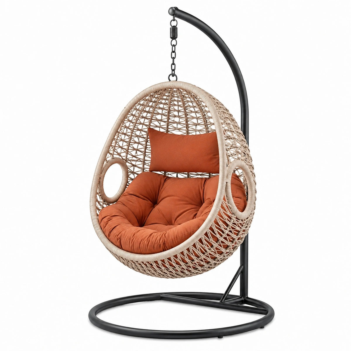 Boho-Hängesessel mit Gestell, Kunststoffgeflecht, Beige/Schwarz/Terrakotta, 105 × 105 × 195 cm