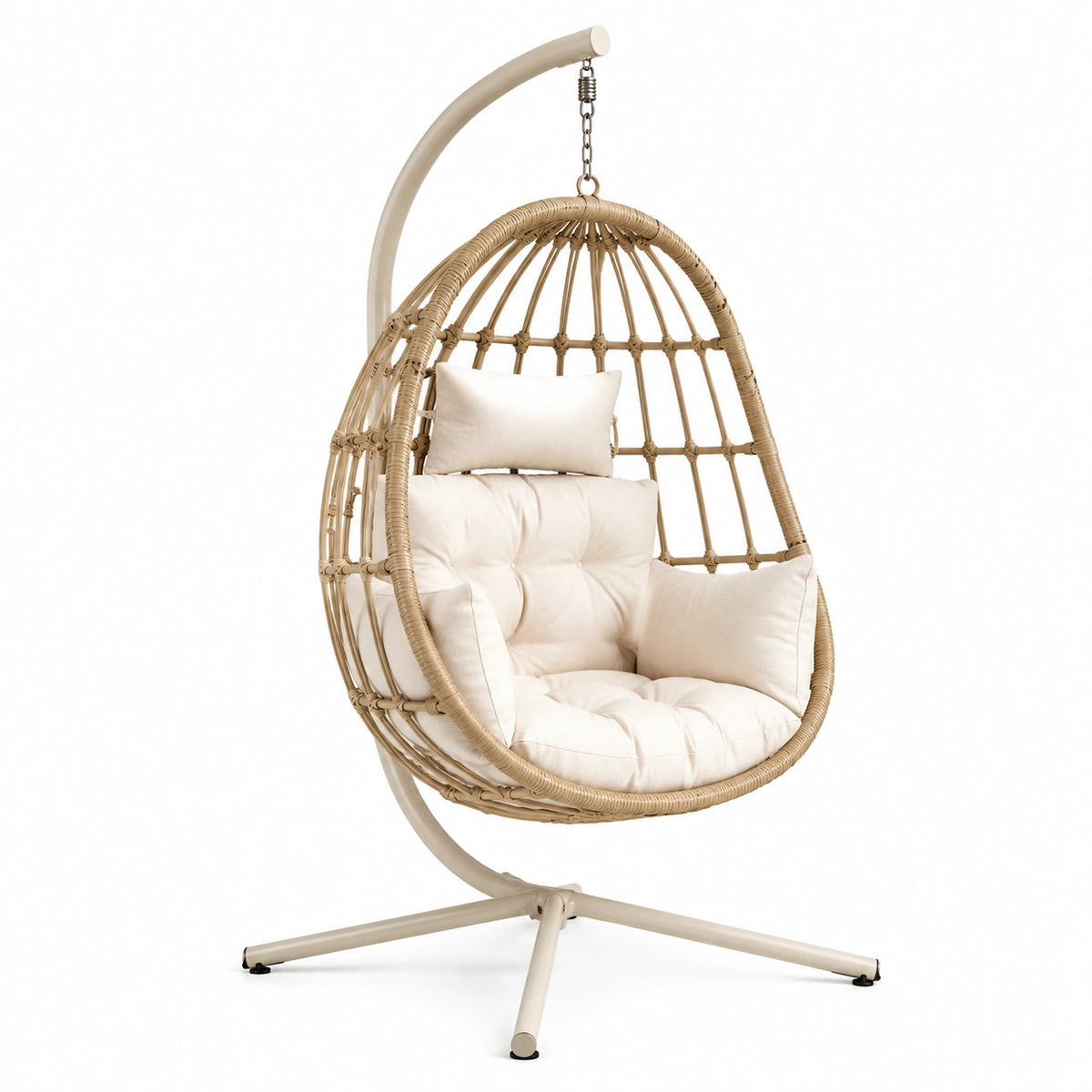 Hängesessel mit Metallgestell und Rattangeflecht, 105 × 105 × 195 cm, Beige/Cremeweiß
