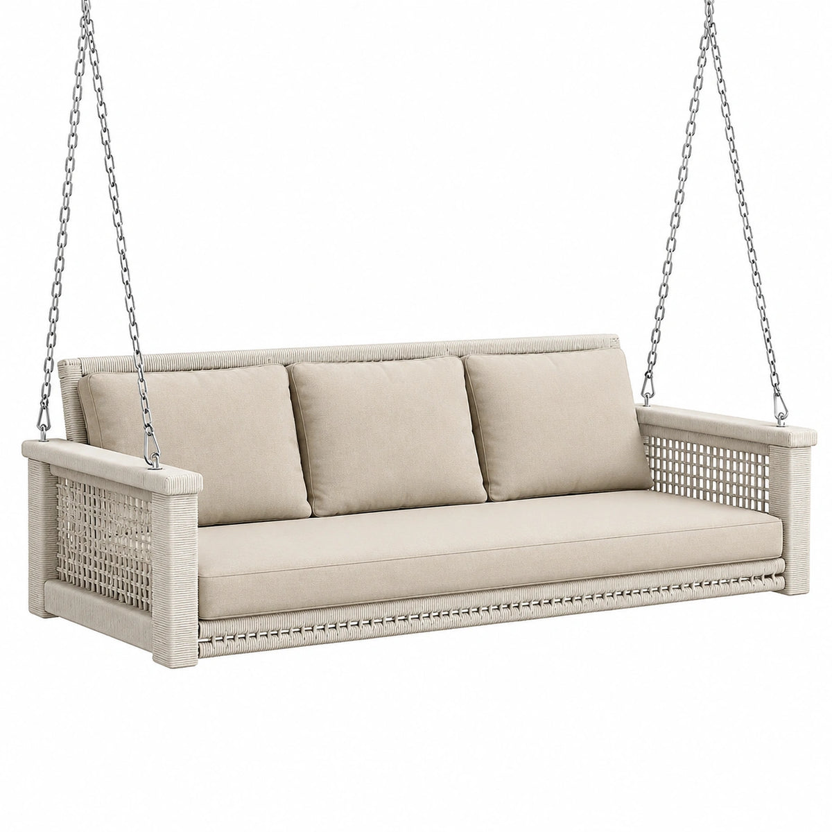 Beiges Hängesofa mit Geflecht, Polstern und silberfarbenen Metallketten, 200 × 85 × 75 cm