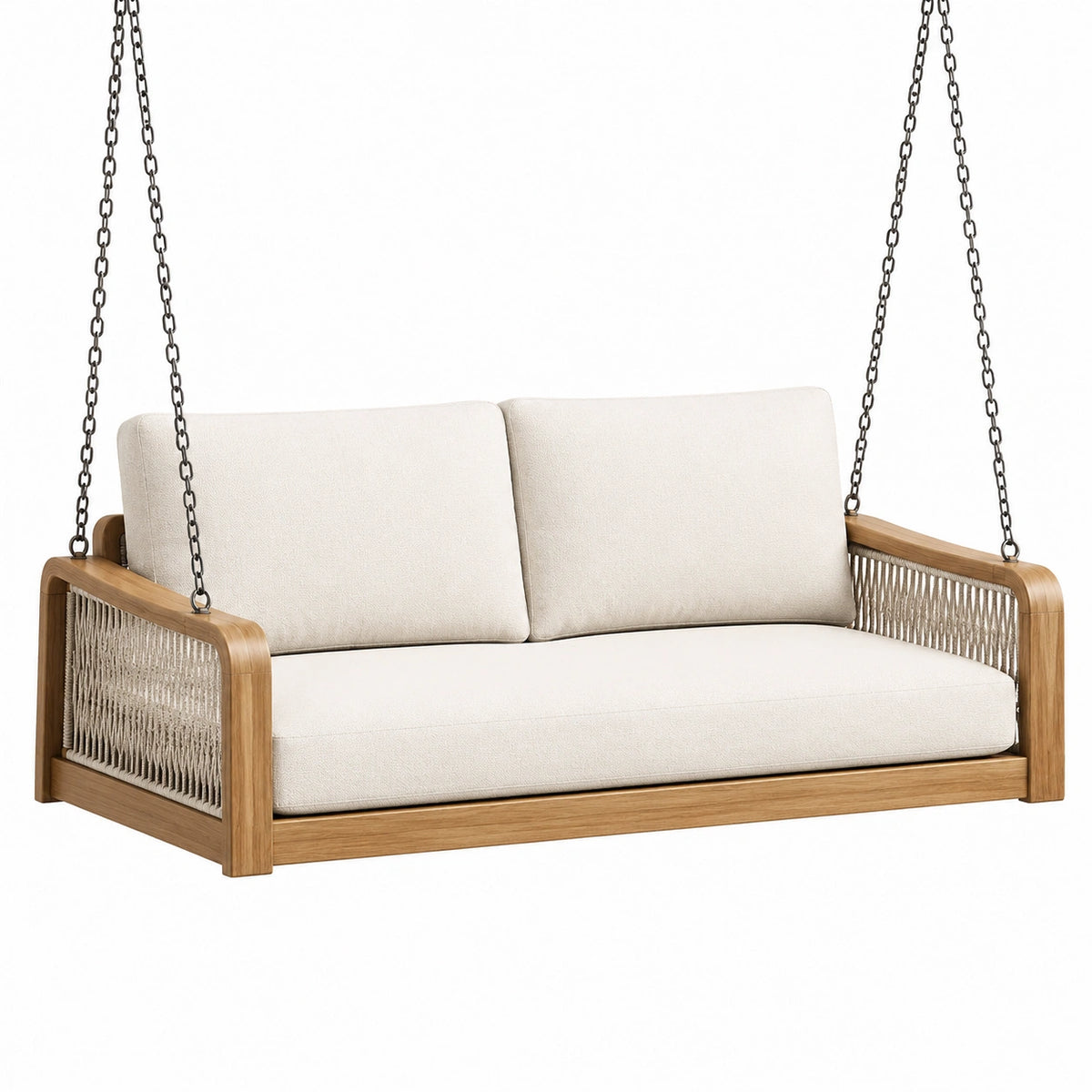 Zweisitziges Hängesofa aus Naturholz mit beigen Polstern und schwarzen Metallketten, 150 × 75 × 70 cm
