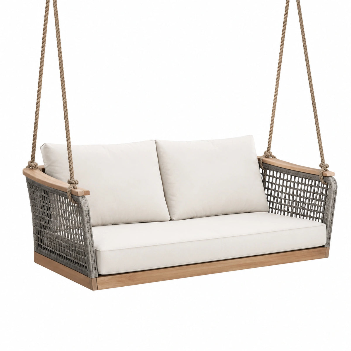Hängesofa für den Außenbereich mit Seilaufhängung, Holzrahmen und Seilgeflecht, 150 × 75 × 65 cm, Grau/Beige/Braun