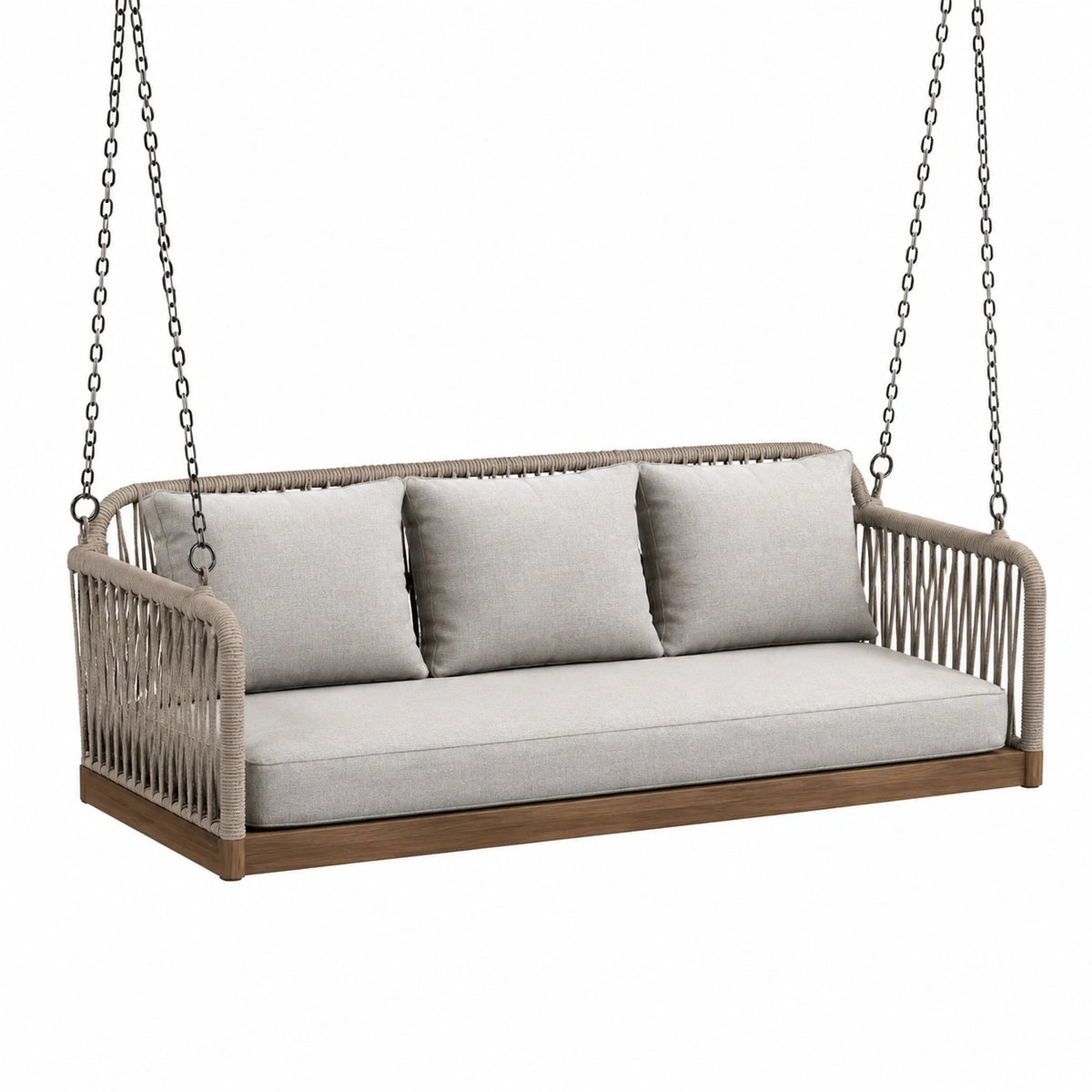 Hängesofa 200 × 90 × 70 cm mit Holzgestell, Geflecht, Polstern und Metallketten in Beige/Braun/Schwarz