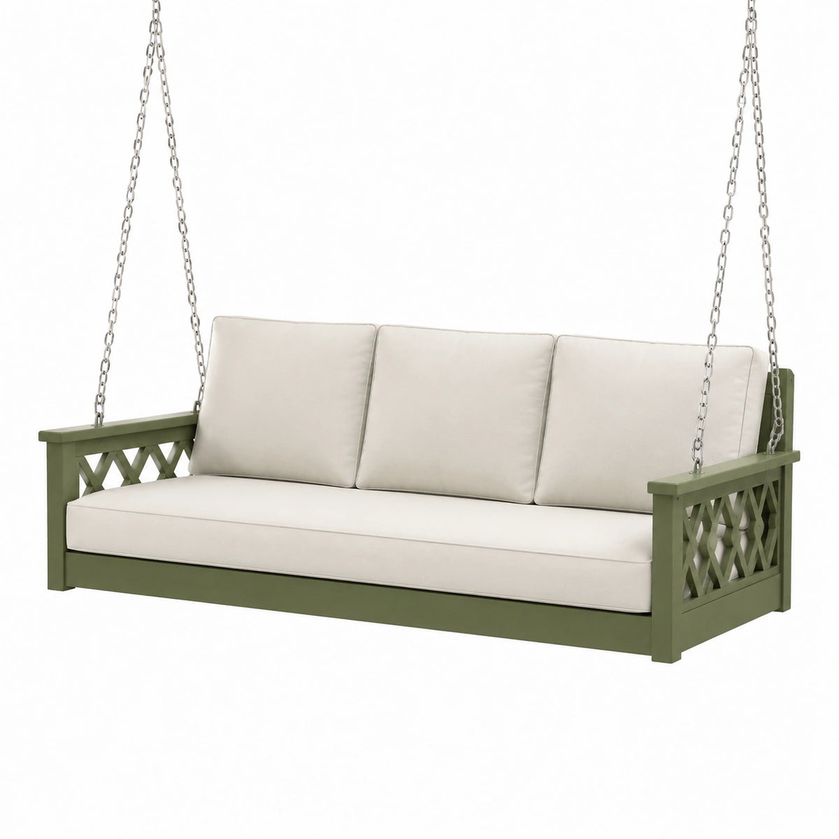 Hängesitzbank aus Holz, 200 × 80 × 60 cm, Grün/Creme, mit Metallketten und Polsterung