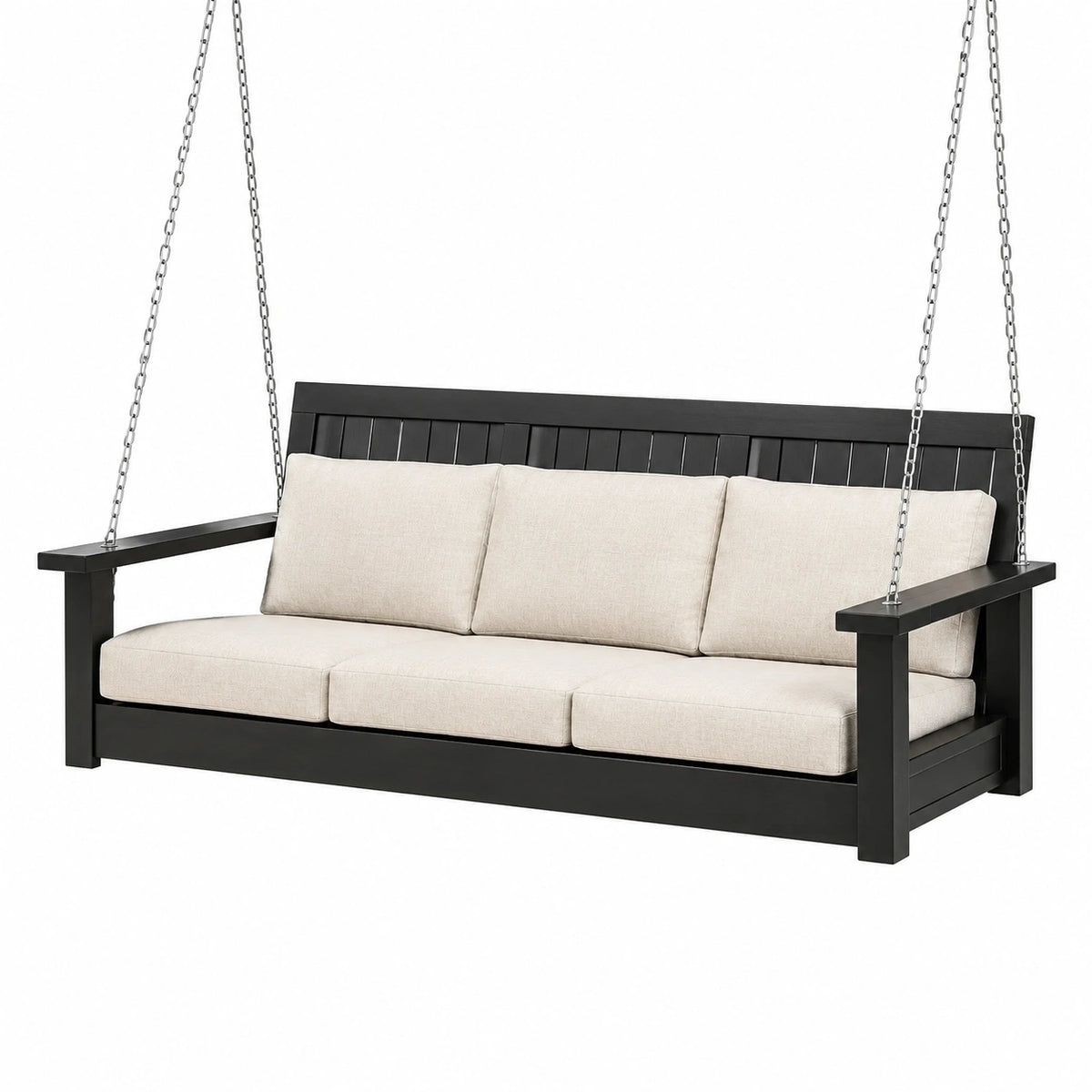 Dreisitzige Holzschaukel 200 x 80 x 70 cm Schwarz/Beige für Garten und überdachte Terrasse