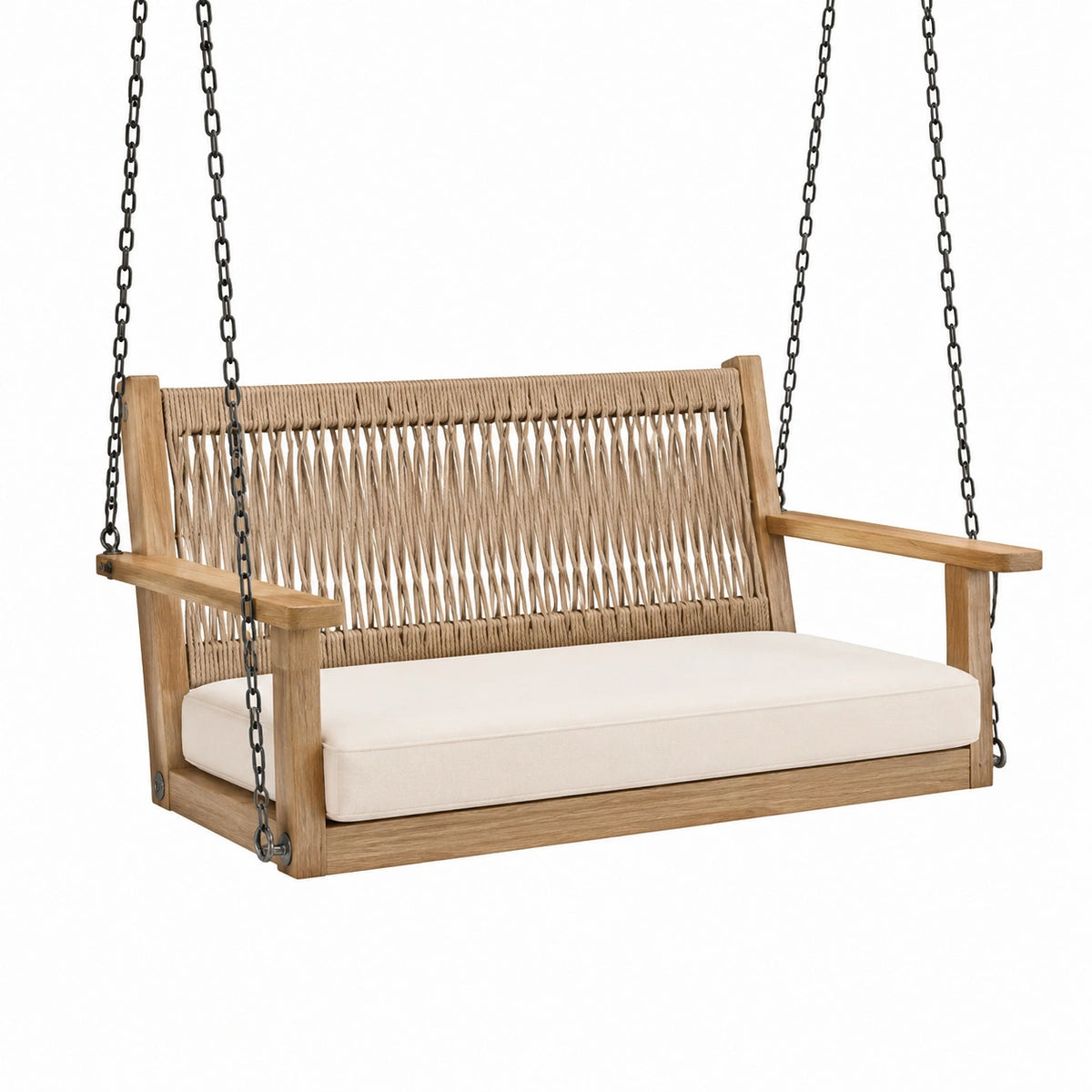 Naturholz-Hängesitzbank mit Seilbespannung, beigem Sitzkissen und schwarzen Metallketten, 120 × 65 × 60 cm