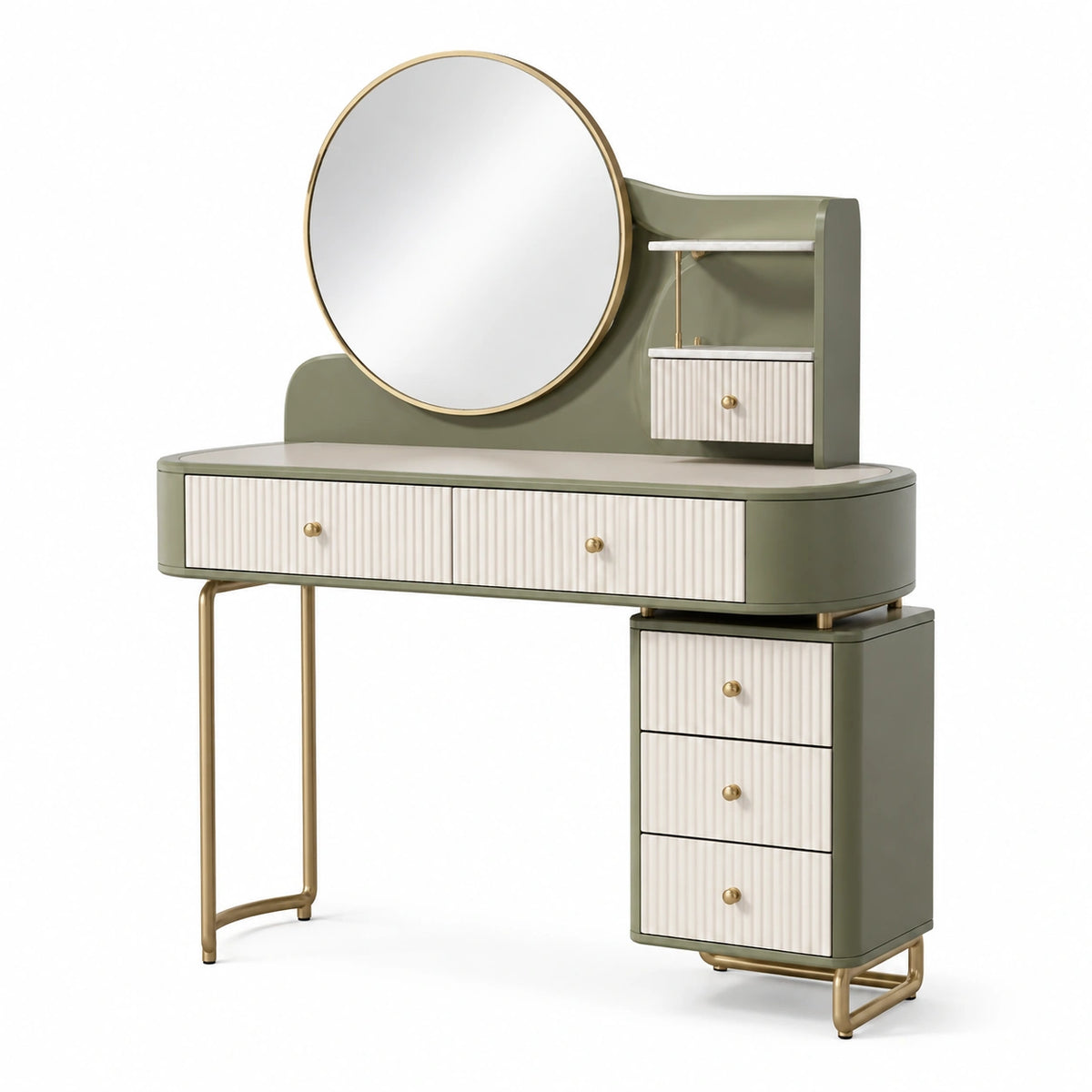 Schminktisch mit rundem Spiegel, 6 Schubladen, 120 × 45 × 145 cm, Grüngrau/Creme/Gold