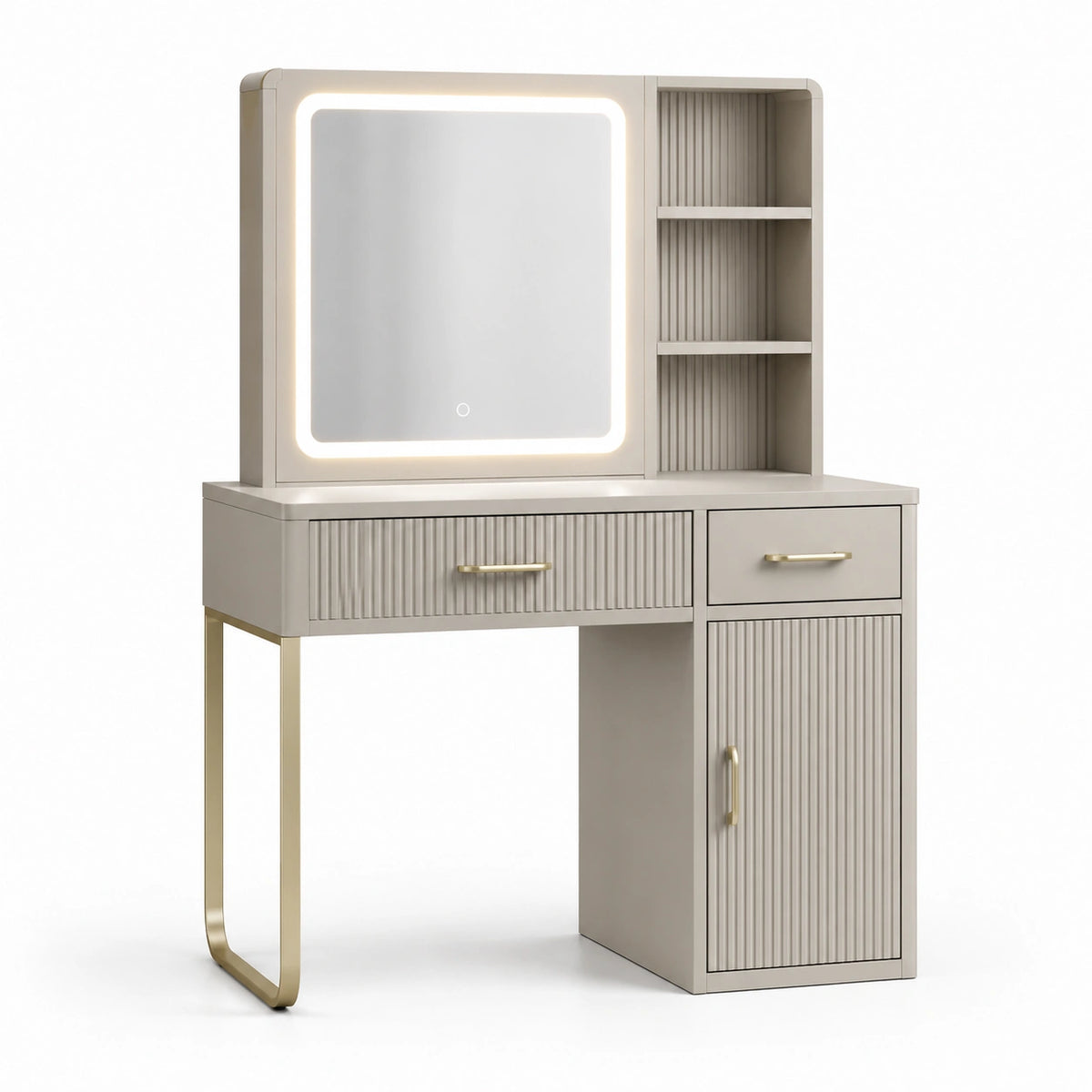 Schminktisch mit LED-Spiegel, Stauraum und 2 Schubladen, 100 x 45 x 150 cm, Beige/Gold
