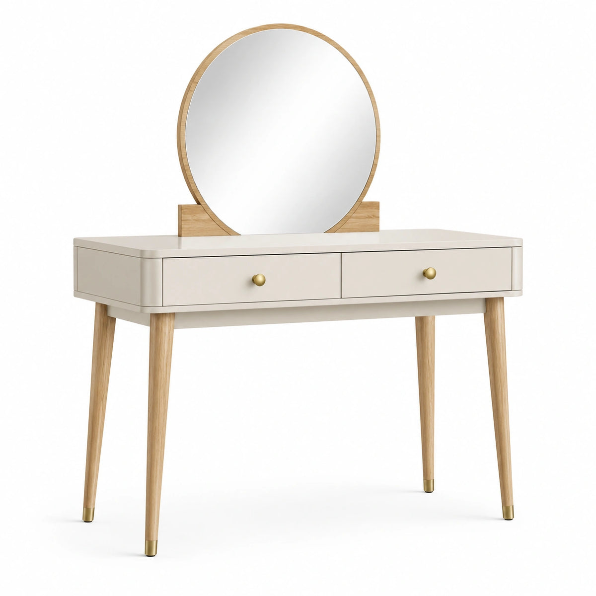 Schminktisch mit rundem Spiegel und 2 Schubladen, 100 × 45 × 145 cm, Weiß/Naturholz/Gold