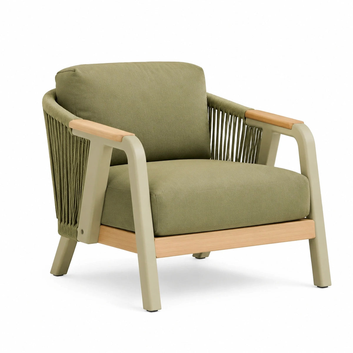 Loungesessel 77 × 73 × 78 cm Olivgrün/Beige/Naturholz mit Seilgeflecht und Holzarmlehnen