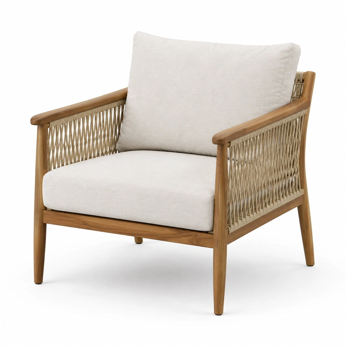 Sessel aus braunem Naturholz mit Seilbespannung und beigen Polstern, 75 × 78 × 82 cm