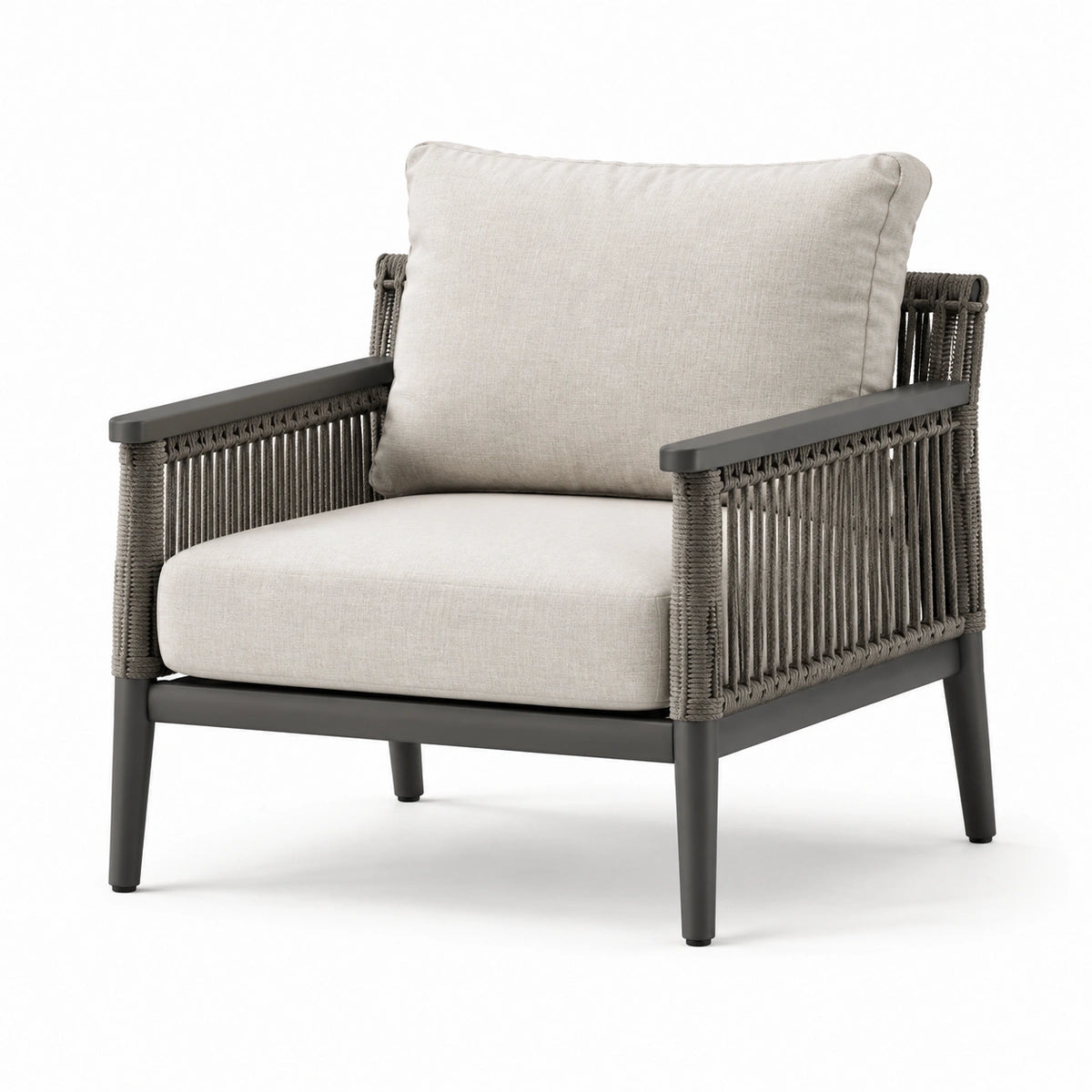 Garten-Armlehnstuhl 75 × 80 × 78 cm mit Metallgestell, Seilgeflecht und Polstern in Beige/Anthrazit/Taupe