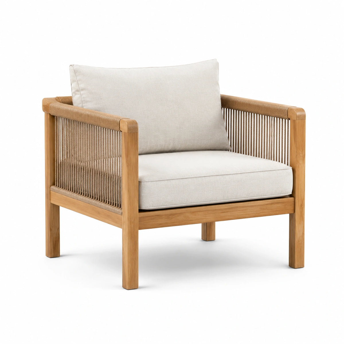 Lounge-Stil aus Holz mit Kordelgeflecht und beiger Textilpolsterung, 75 × 80 × 78 cm