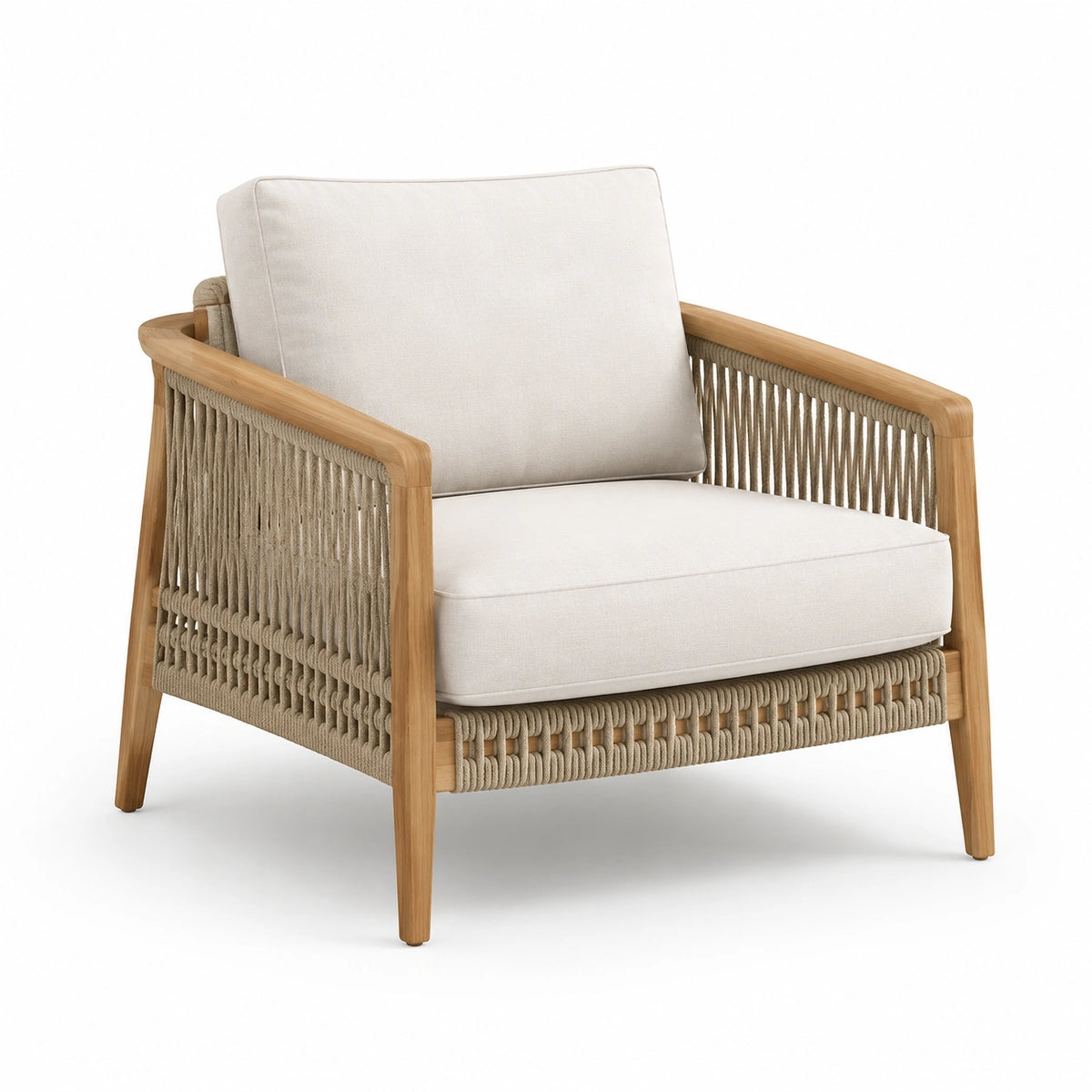 Lounge-Sessel aus Holz mit Seilgeflecht und beigen Polstern, 76 × 82 × 80 cm
