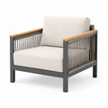 Garten-Loungesessel 78 × 80 × 78 cm mit Metallgestell, Holzarmlehnen und Seilbespannung in Beige/Grau/Braun