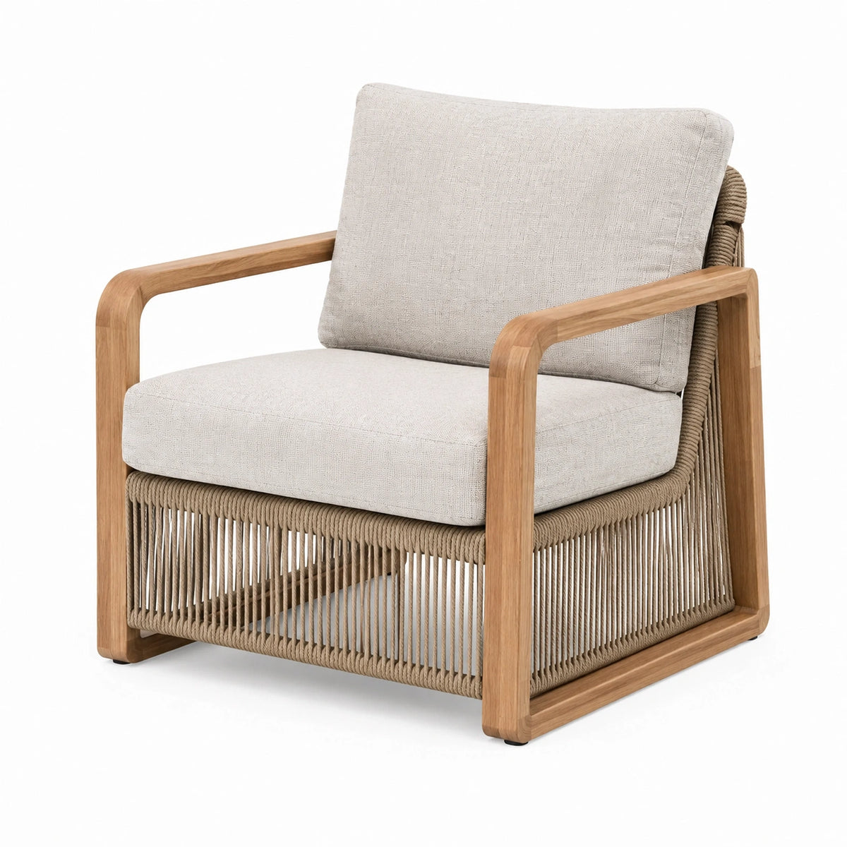 Moderner Holzsessel mit Seilgeflecht und Polsterung, Beige/Naturbraun, 75 x 80 x 78 cm