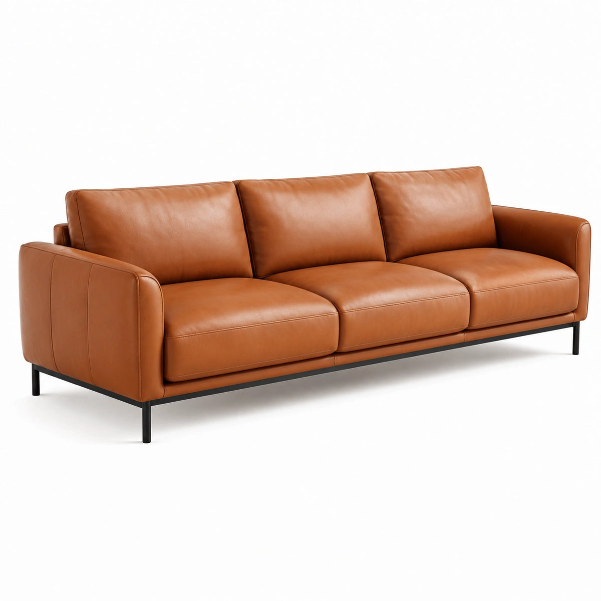 3-Sitzer-Sofa, 220 × 90 × 85 cm, Cognac-Lederoptik mit schwarzen Metallbeinen