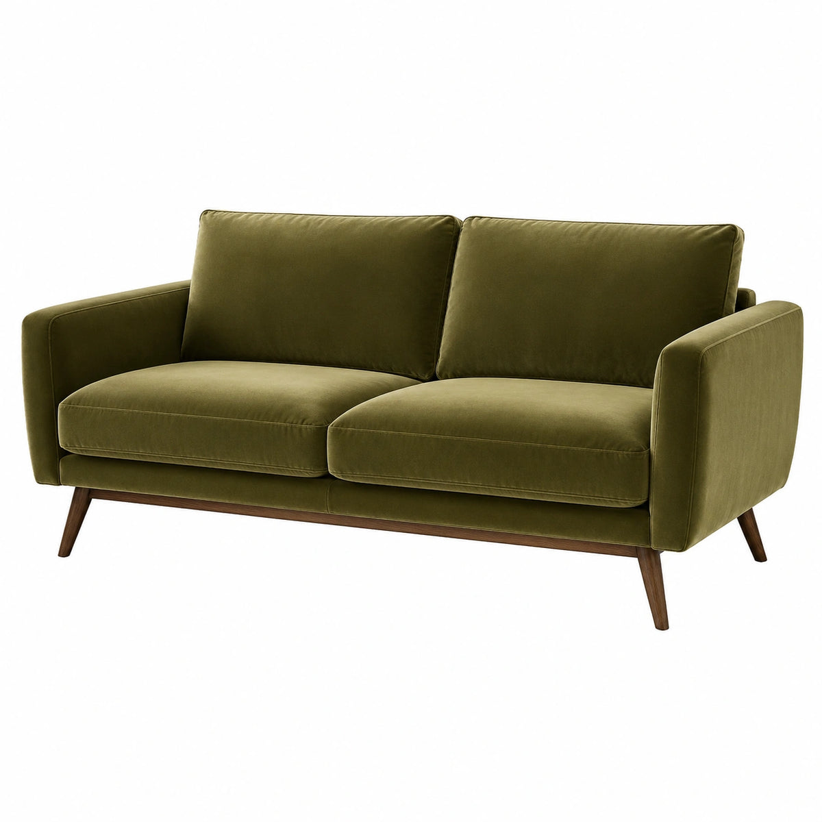 2-Sitzer-Sofa im Mid-Century-Stil, 180 x 85 x 82 cm, olivgrüner Samtbezug, braune Holzfüße