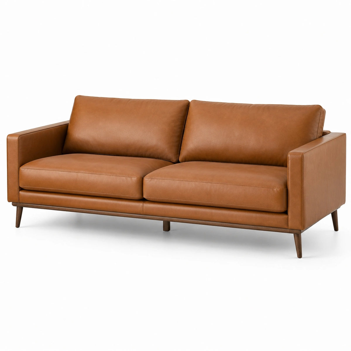 2-Sitzer-Sofa aus cognacfarbenem Kunstleder mit Holzfüßen, 180 × 85 × 82 cm