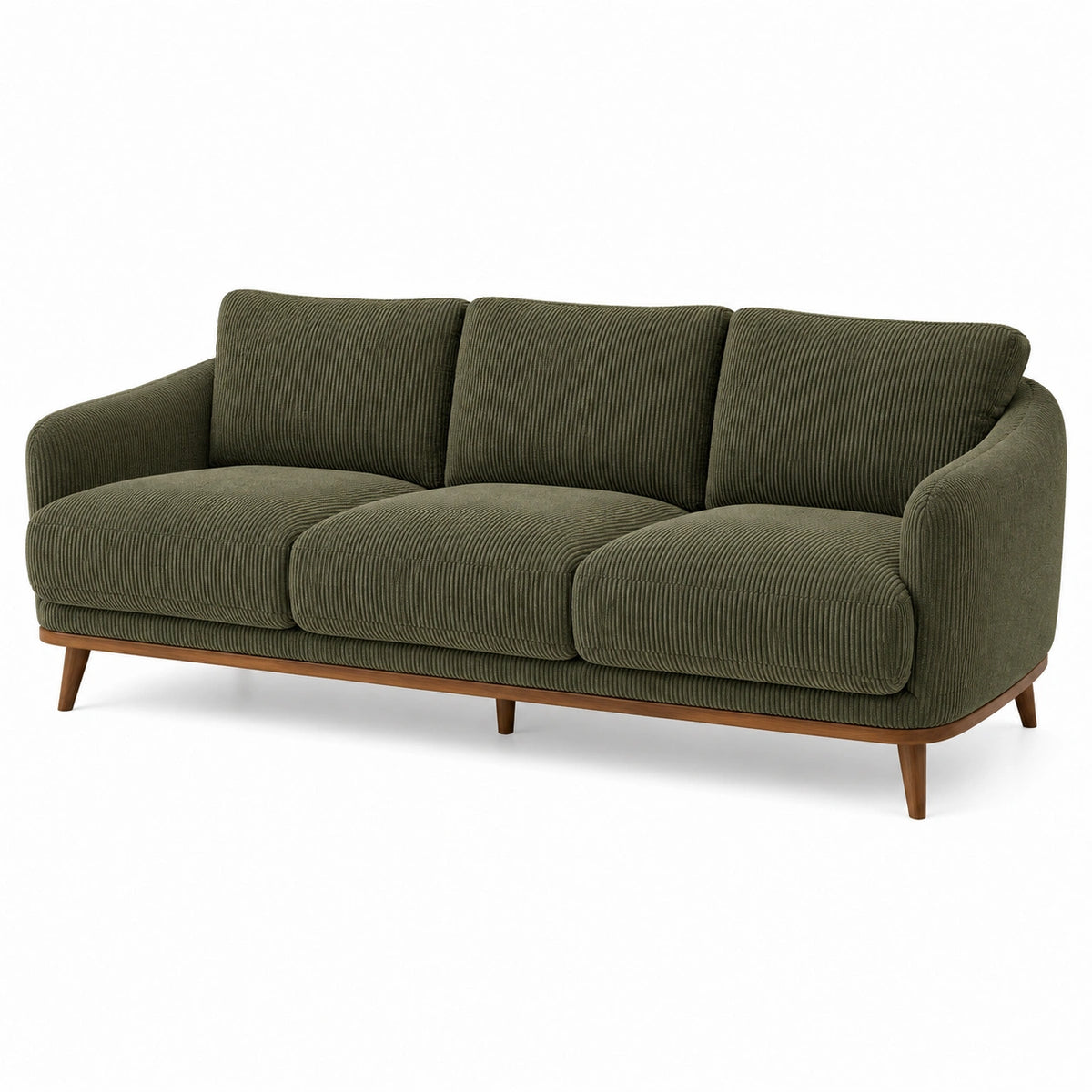 Retro-3-Sitzer in Olivgrün mit Cordbezug und Holzgestell, 210 × 90 × 85 cm